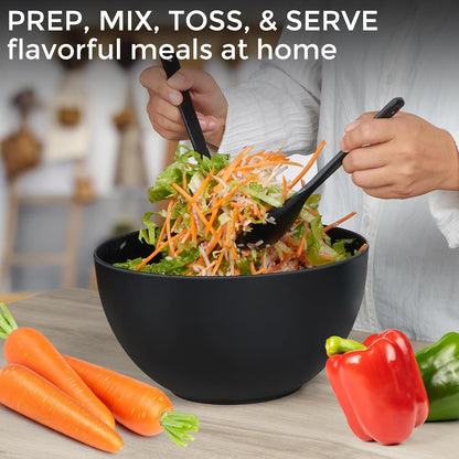 11.3" Extra Large Salad Serving Bowl Set with Wooden Lid&Utensils, 6.5Qt., Bamboo Fiber Salad Bowl with Servers for Kitchen, Lightweight Big Bowl for Mixing Salad,Fruit,Pasta - Matte White