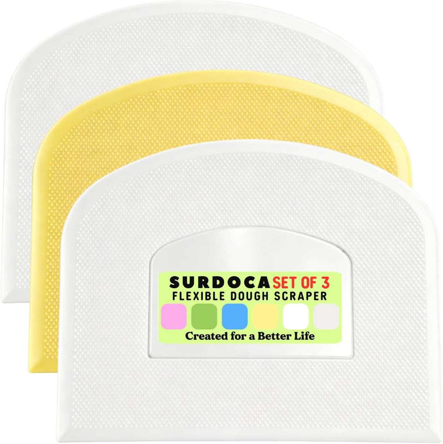 SURDOCA Dough Scraper Bench Scraper - 3P 4.7x3.7" Plastic Flexible Bowl Scraper, Sharp Edge & Angles Cake Scraper. Non-Slip Bakeware Decorating Tools Sculpting & Modeling Tools - Green+White+Green - Colors B