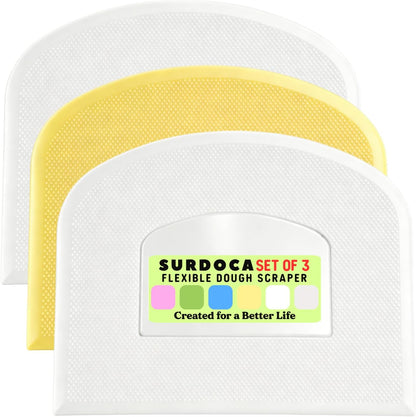 SURDOCA Dough Scraper Bench Scraper - 3P 4.7x3.7" Plastic Flexible Bowl Scraper, Sharp Edge & Angles Cake Scraper. Non-Slip Bakeware Decorating Tools Sculpting & Modeling Tools - Green+White+Green - Colors B