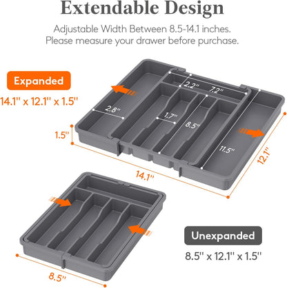 Lifewit Silverware Drawer Organizer, Expandable Utensil Tray for Kitchen, BPA Free Flatware and Cutlery Holder, Adjustable Plastic Storage for Spoons Forks Knives, 11-18 x 14", Black