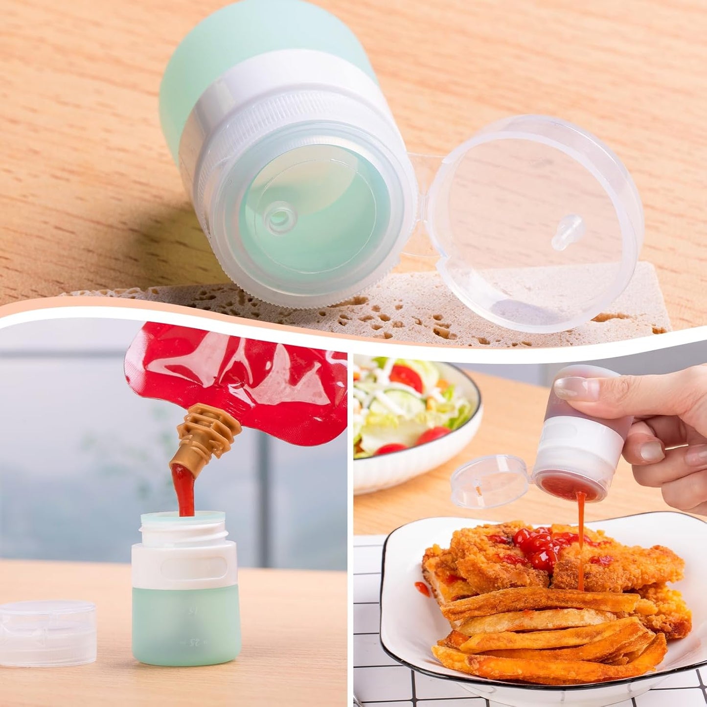 MICEBAY 8-Pack Salad Dressing Container To Go, 2-oz Silicone Small Condiment Squeeze Bottles and 1.6 oz Stainless Steel Sauce Containers Cups, Leakproof Condiment Containers with Lids for Lunch Box