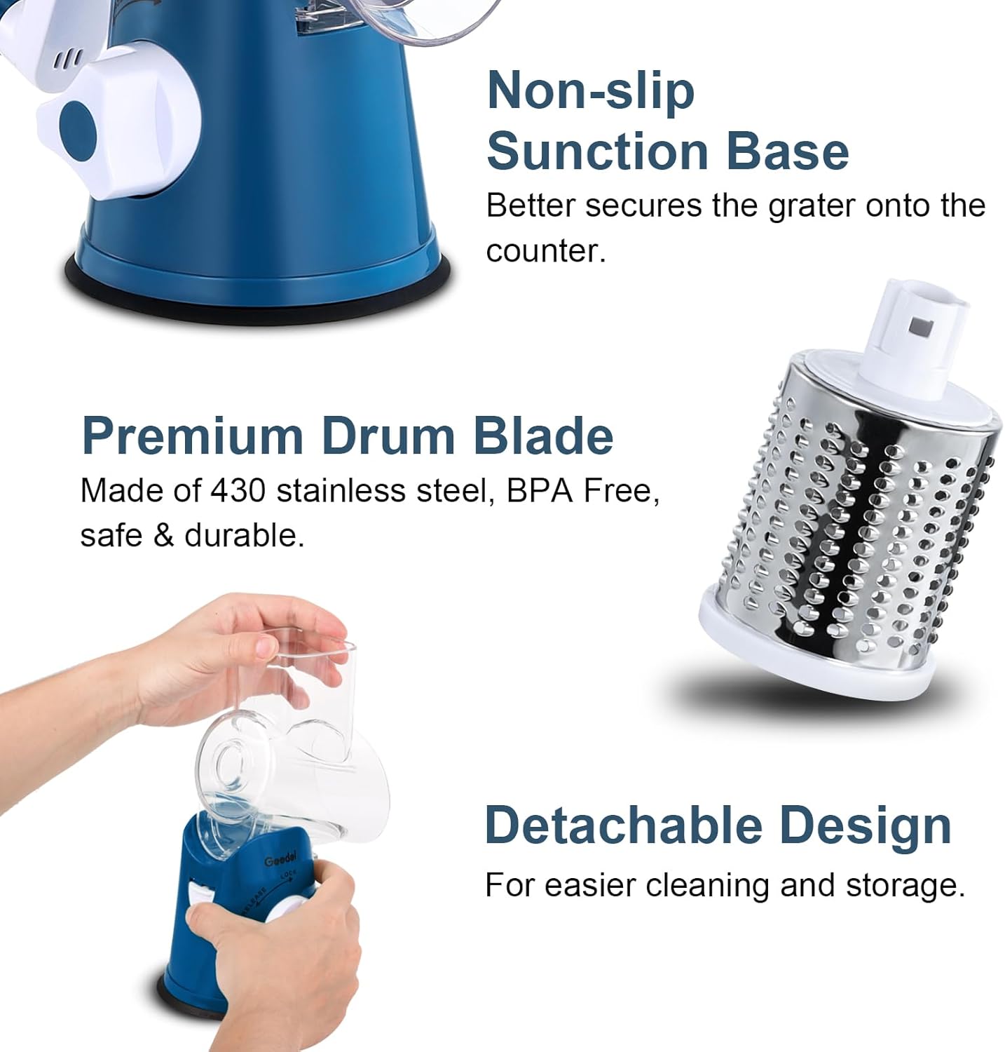 Geedel Rotary Cheese Grater, Kitchen Mandoline Vegetable Slicer with 3 Interchangeable Blades, Easy to Clean Grater for Fruit, Vegetables, Nuts