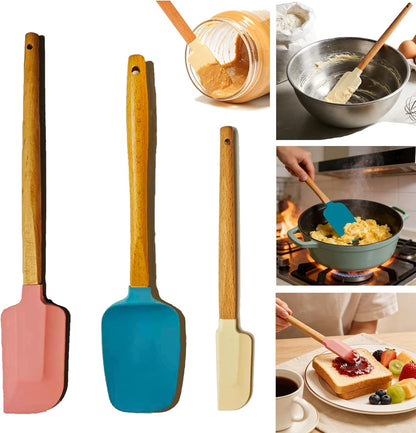 3PCS Silicone Spatula Wooden Handle Set, Heat Resistant Silicone Spatula, Spatulas Silicone Heat Resistant Wood, Rubber Spatula for Baking Non-Stick Cooking Mixing, Beige & Green & Pink