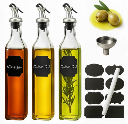 WERTIOO Olive Oil Dispenser Bottle,4Pack 17 OZ Glass Oil Dispenser for Kitchen with 4 Pourer,2 Stainless Steel Funnel & 1 Pen and 8 Label for Kitchen (500ml)