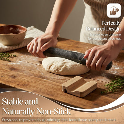 Flexzion French Rolling Pin, 12 Inch White Marble Rolling Pins for Baking with Wooden Base Holder Stand - Non-Stick Baking Roller for Baking Fondant, Crust, Pastry, Cookies, Pizza, Pasta