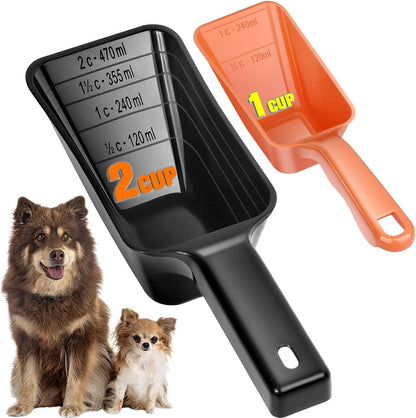 2-Pack Dog Food Scoop Set,1 Cup and 2 Cup Plastic Pet Food Measuring Scoops with Clear Measurement Lines,Multi-Purpose Pet Food Scooper for Dogs, Cats (Green and Black)