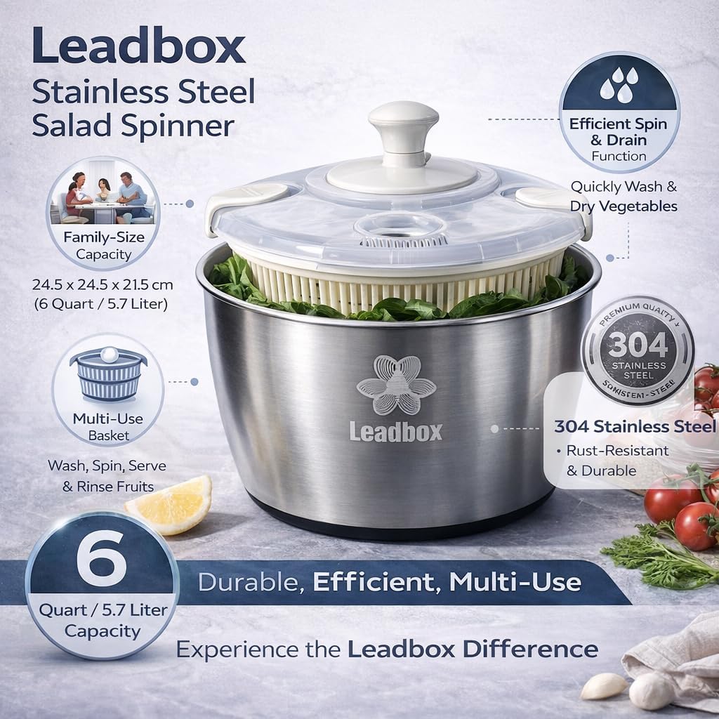 Stainless Steel Salad Spinner, 6L Heavy-Duty Lettuce Dryer with Smooth Spin Handle, Large Vegetable Washer & Fruit Rinse Bowl, Non-Slip Base