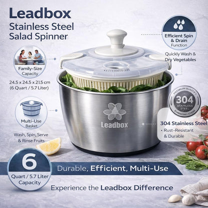 Stainless Steel Salad Spinner, 6L Heavy-Duty Lettuce Dryer with Smooth Spin Handle, Large Vegetable Washer & Fruit Rinse Bowl, Non-Slip Base