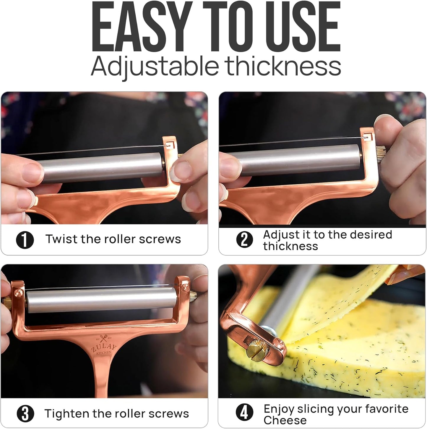 Zulay Kitchen Stainless Steel Wire Cheese Slicer - Adjustable Hand Held Cheese Cutter with 2 Extra Wires - Premium Cheese Shaver For Mozzarella, Cheddar, Gruyere - Cheese Cutter with Wire (Gunmetal)