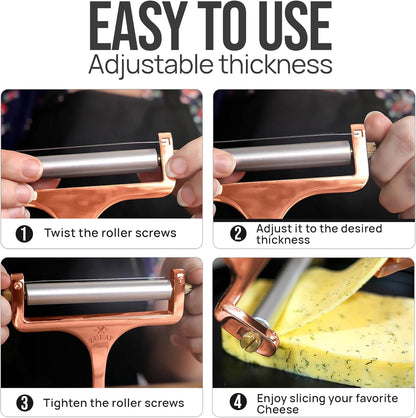 Zulay Kitchen Stainless Steel Wire Cheese Slicer - Adjustable Hand Held Cheese Cutter with 2 Extra Wires - Premium Cheese Shaver For Mozzarella, Cheddar, Gruyere - Cheese Cutter with Wire (Gunmetal)