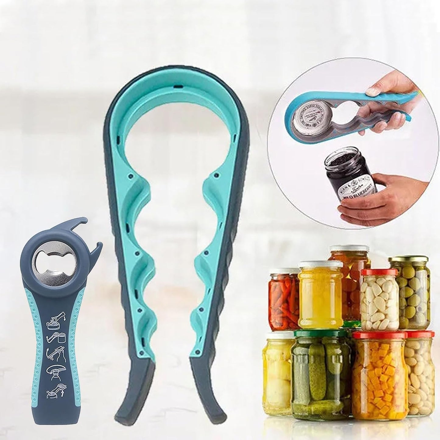 Jar Opener for Seniors with Arthritis,Jar Opener for Weak Hands,5-in-1 Bottle Opener,4-in-1 Can Opener (A-Blue)
