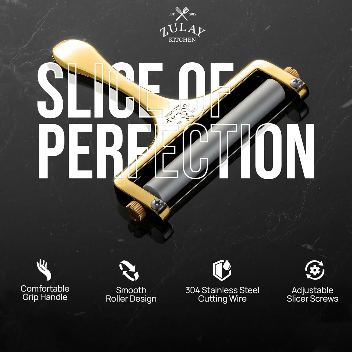 Zulay Kitchen Stainless Steel Wire Cheese Slicer - Adjustable Hand Held Cheese Cutter with 2 Extra Wires - Premium Cheese Shaver For Mozzarella, Cheddar, Gruyere - Cheese Cutter with Wire (Gunmetal)