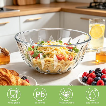Luvan Glass Mixing Bowls with Lids Set(4.5QT, 2.7QT, 1.1QT)-Large Glass Mixing Bowls, Clear Salad Bowl for Baking, Cooking, Serving, Food Prep, 3PC Nesting Bowls for Kitchen Storage & Dishwasher Safe