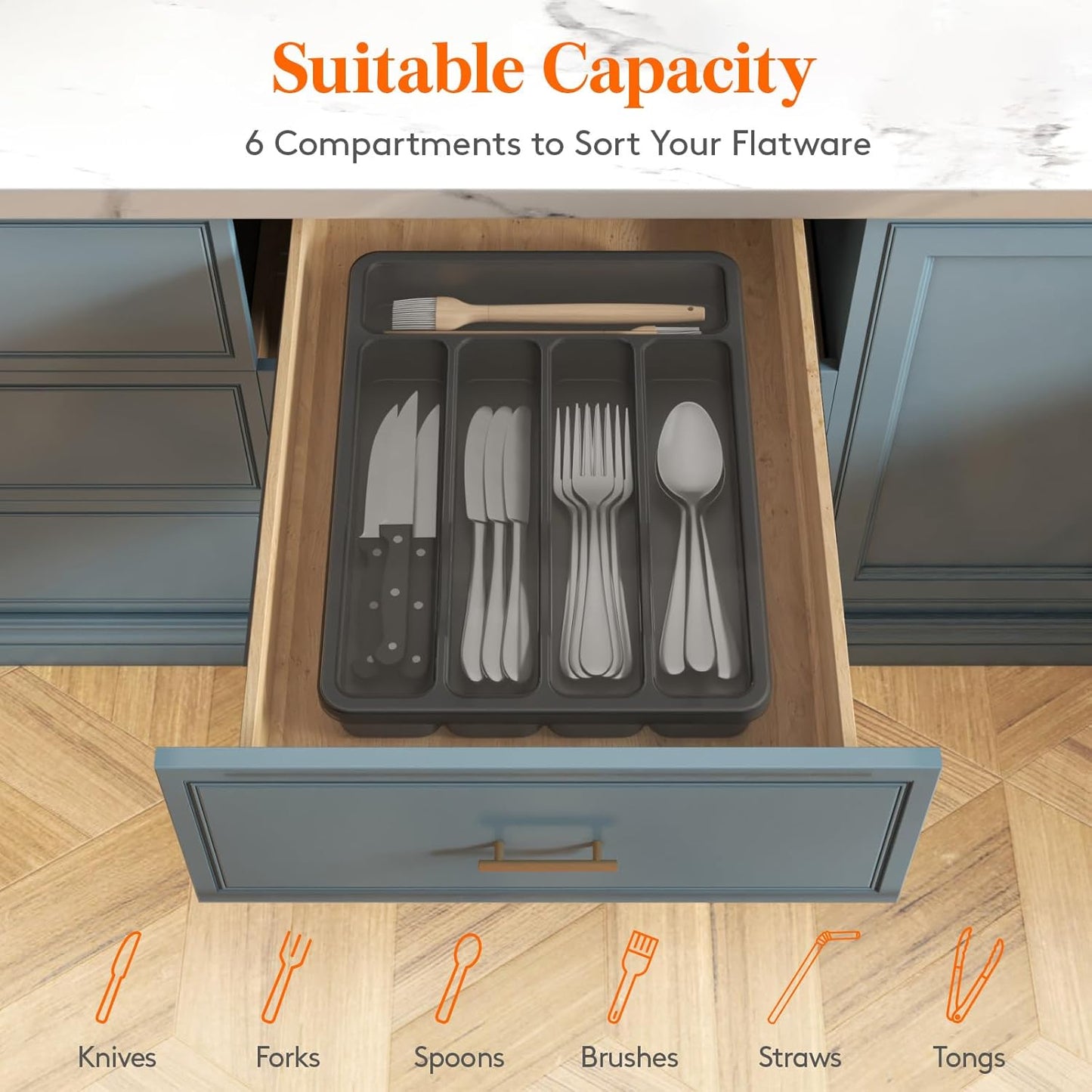 Lifewit Silverware Organizer with Lid, Covered Utensil Tray for Kitchen Drawer and Countertop, Plastic Cutlery and Flatware Storage Box for Spoons Forks Knives Holder Case, 12.6x11.8", Gray