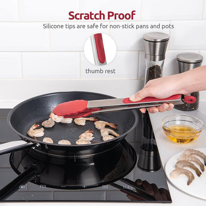 600ºF Heat Resistant Kitchen Tongs: U-Taste 9 inch Silicone Cooking Tong with Firm Sealed Non Stick Rubber Tips & Silicon Coated 18/8 Stainless Steel Handle & Smooth Locking for Serving Salad (Black)