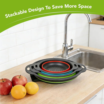 Collapsible Colander Set of 3 with Kitchen Counter Self-draining Base, Round Silicone Food Foldable Strainer for Cooking Pasta, Vegetables and Fruit (3QT, 4QT and 5QT), Black