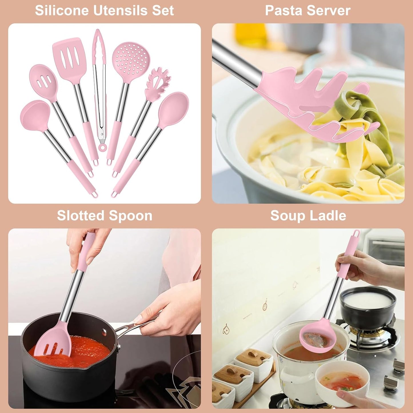 E-far Silicone Cooking Utensils Set, 7 Pcs Heat Resistant Kitchen Utensils with Stainless Steel Handle, Slotted Turner, Spoon, Soup Ladle, Pasta Server, Skimmer, Tongs for Nonstick Cookware, Black