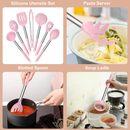 E-far Silicone Cooking Utensils Set, 7 Pcs Heat Resistant Kitchen Utensils with Stainless Steel Handle, Slotted Turner, Spoon, Soup Ladle, Pasta Server, Skimmer, Tongs for Nonstick Cookware, Black