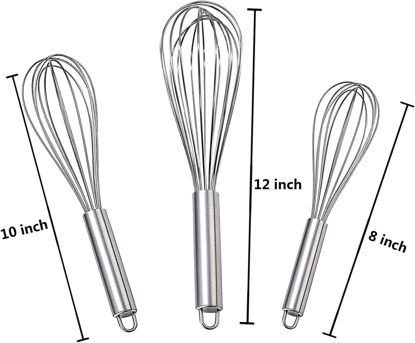 Stainless Steel Whisk, Whisk Set with Measuring Spoon and 8"+10"+12" Wire Whisk for Cooking Blending, Beating, Stirring, Baking (5 Pack Silver)