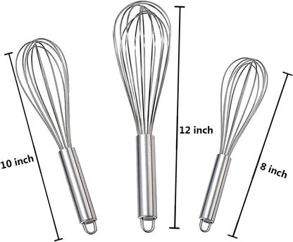 Stainless Steel Whisk, Whisk Set with Measuring Spoon and 8"+10"+12" Wire Whisk for Cooking Blending, Beating, Stirring, Baking (5 Pack Silver)