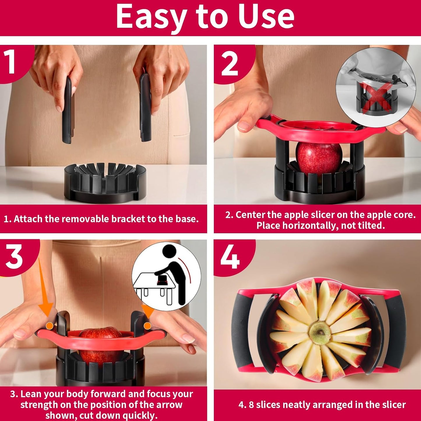 OOKUU Extra-Large Apple Slicer & Corer – 16-Blade Heavy Duty Stainless Steel Apple Cutter, Safe & Quick Apple Divider for Apples, Pears & More, with Clear Catch Bowl