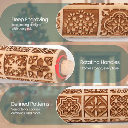 Floral Vine Embossed Rolling Pins for Cookies, Wooden Engraved Rolling Pins for Baking, Embossing Rolling Pins with Designs, Patterned Rolling Pin Decorative Springerle Mold Stamp Clay Pattern Roller