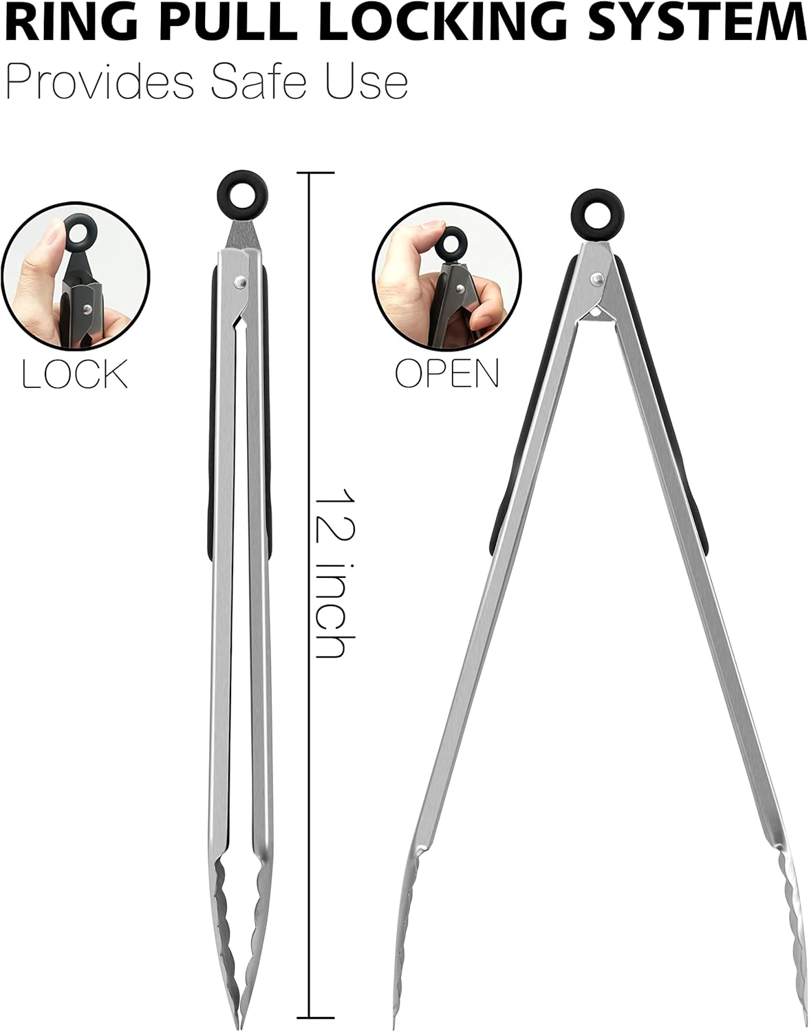 Anaeat Non-Stick Silicone Locking Tong Set of 3 - Stainless Steel 7", 9", 12" Kitchen Food Tongs with Non-Slip Silicone Tips and Grip for Cooking, Baking and BBQ - Heat Resistant up to 480°F (Black)
