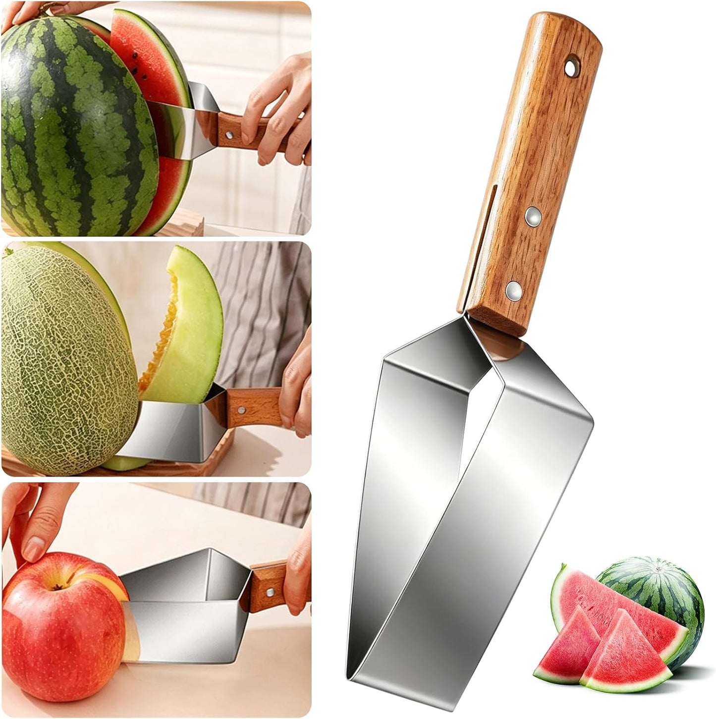 2026 New Fruit Cutter and Watermelon Slicer, Heavy Duty Triangle Watermelon Cutter with Solid Wood Handle, Multi-Fruit Slicer for Cantaloupe, Honeydew, Essential Kitchen Gadget for BBQ (1)