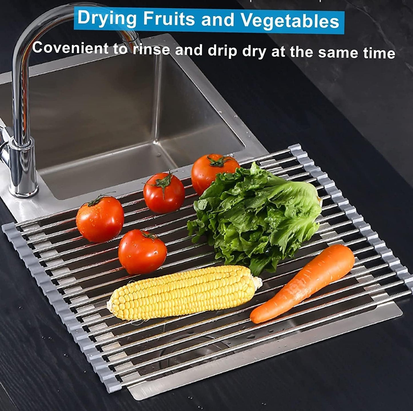 Seropy Roll Up Dish Drying Rack Over The Sink for Kitchen Sink Drying Rack Folding Dish Drainer Mat Rolling Dish Rack Sink Rack Stainless Steel Kitchen Dry Rack Black 17.5x15.7 Inch
