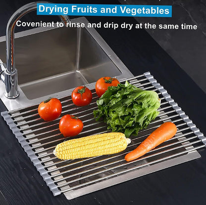 Seropy Roll Up Dish Drying Rack Over The Sink for Kitchen Sink Drying Rack Folding Dish Drainer Mat Rolling Dish Rack Sink Rack Stainless Steel Kitchen Dry Rack Black 17.5x15.7 Inch