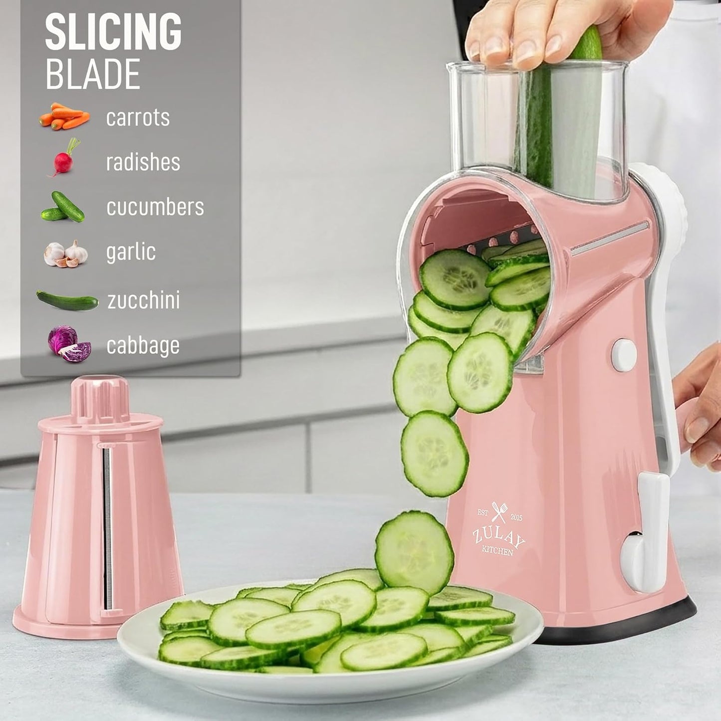 Zulay Kitchen Rotary Cheese Grater 5 Blade Cheese Shredder - Manual Hand Crank Cheese Grater With Reinforced Suction & 5 Interchangeable Drums - Easy to Use, Vegetable Chopper Round Mandoline Slicer - Colors A