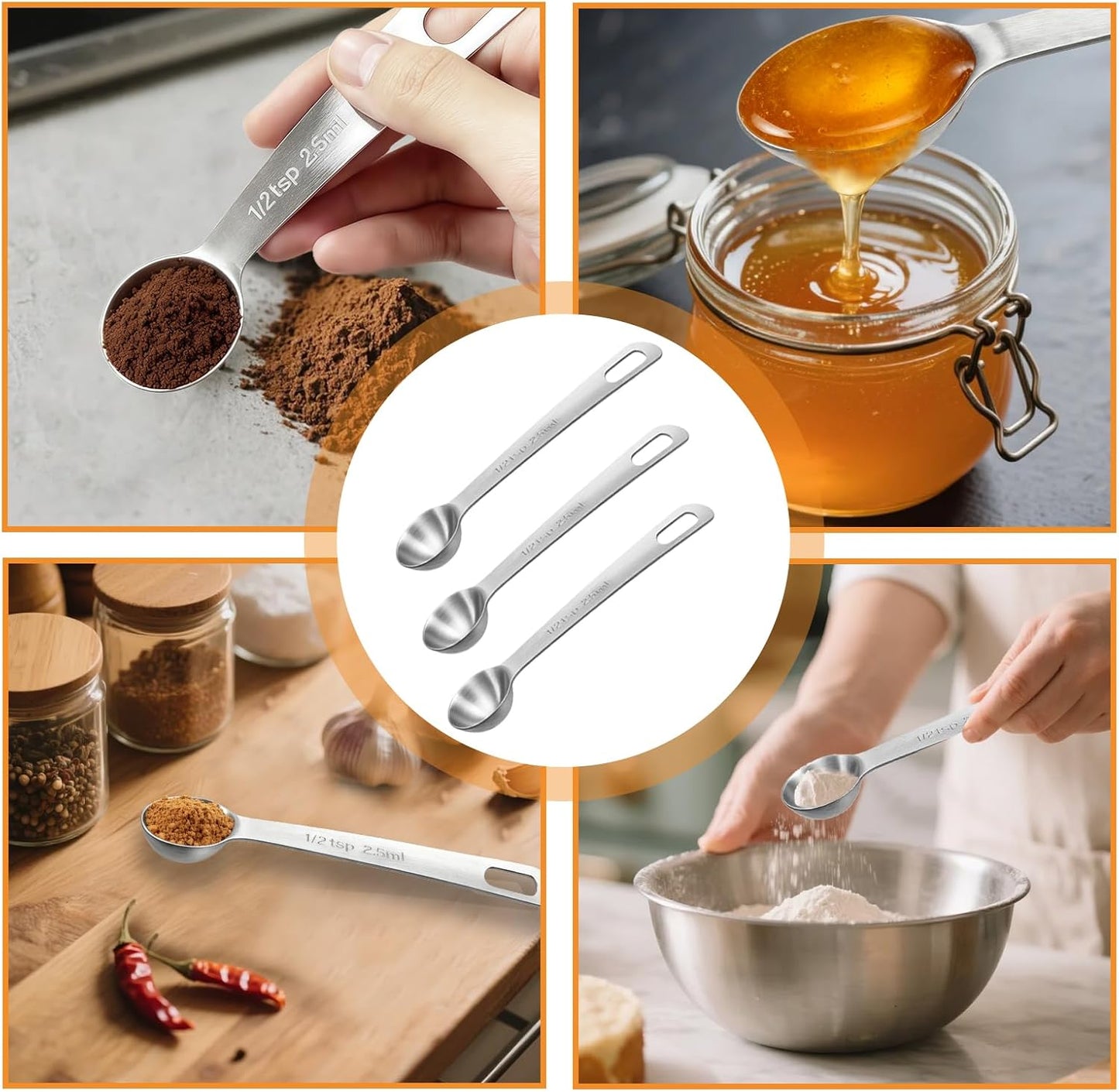 3 Pcs Stainless Steel Measuring Spoons – 5ml/1 Tsp Short Handle Scoops for Baking, Liquid Ingredients & Tea, Soup & Kitchen Cooking