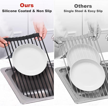 MERRYBOX Roll Up Over The Sink Dish Drying Rack Silicone Wrapped Foldable, Heat-Resistant, Anti-Slip Sink Rack Multipurpose Dish Drainer for Kitchen Sink Counter - White, 17.5" x 11"