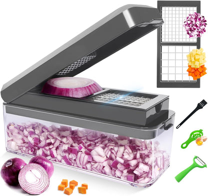 Vegetable Chopper, Onion Chopper Dicer, Mandoline Slicer, Food Chopper with Container, Vegetable Cutter for Salad Potato Carrot Garlic（2 Blades, Black）