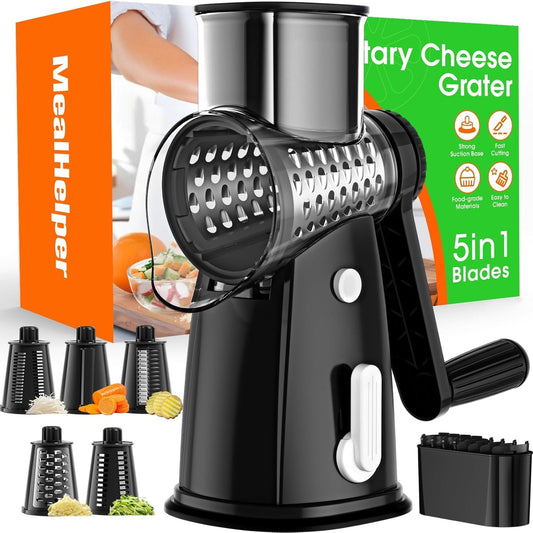 MealHelper 5 Blade Rotary Cheese Grater and Vegetable Chopper with Storage Box and Hand Crank, Compact Shredder for Cheeses, Veggies, Nuts - Easy to Use, Non-slip Suction Base,White