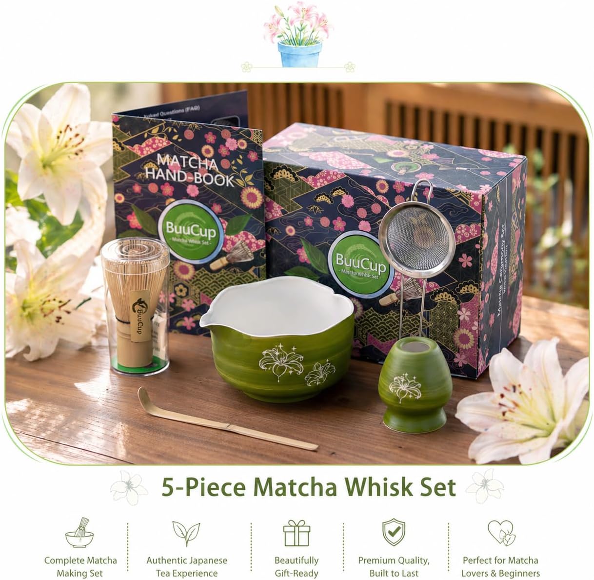 Buucup Matcha Set, Matcha Bowl with Spout, Matcha Whisk and Holder, Bamboo matcha Scoop and Stainless Sifter - 5 Pcs Jade Green Matcha Set Kit for Matcha Lover