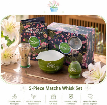 Buucup Matcha Set, Matcha Bowl with Spout, Matcha Whisk and Holder, Bamboo matcha Scoop and Stainless Sifter - 5 Pcs Jade Green Matcha Set Kit for Matcha Lover