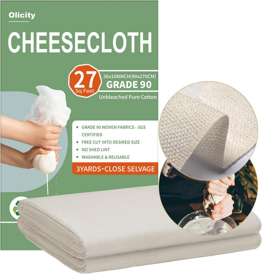 Organic Cheese Cloths, GOTS Certified, Grade 100, 36x36Inch, Reusable Cheese Cloth with Closed Edges Fabric Fine Mesh Cloth, Unbleached Cotton Muslin Cheesecloth for Straining,Cooking,Crafts - 9 Sq.Ft