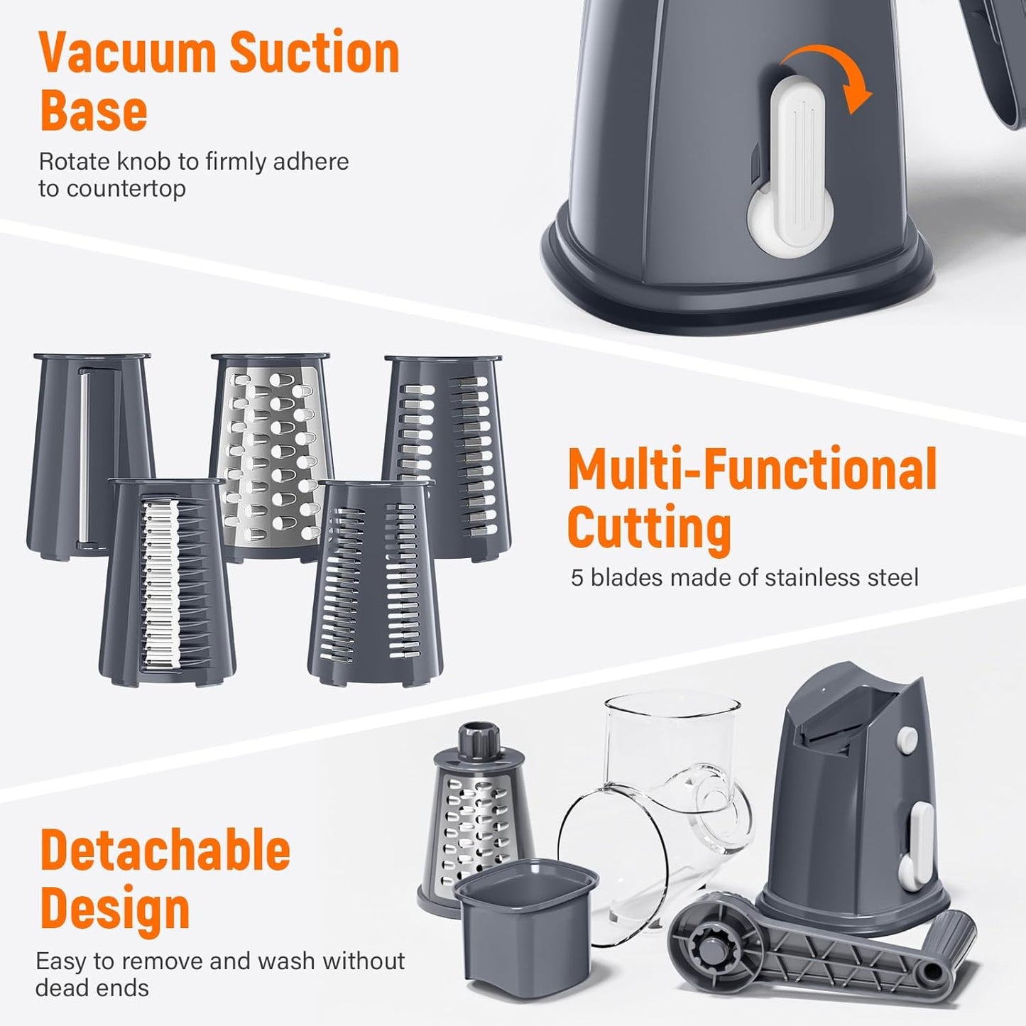 SpaceHacks Rotary Cheese Grater Hand Crank, with 5 Blades for Chopper Shredder Spiralizer Slicer for Vegetable Cheese Fruit, Food Chopper for Kitchen with Blades Storage Box & Suction Base (Black)