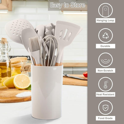 E-far Cooking Utensils Set of 6, Silicone Kitchen Utensils with Wooden Handle, Non-stick Cookware Friendly & Heat Resistant, Includes Spatula/Ladle/Slotted Turner/Serving Spoon/Spaghetti Server(Khaki)
