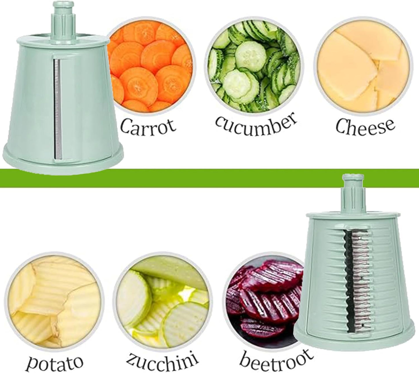 5-in-1 Rotary Cheese Grater Vegetable Slicer, 5 Interchangeable Blades Food Shredder with Anti-Slip Reinforced Suction Base, Kitchen Mandoline Chopper with Blade Storage Box (Green)