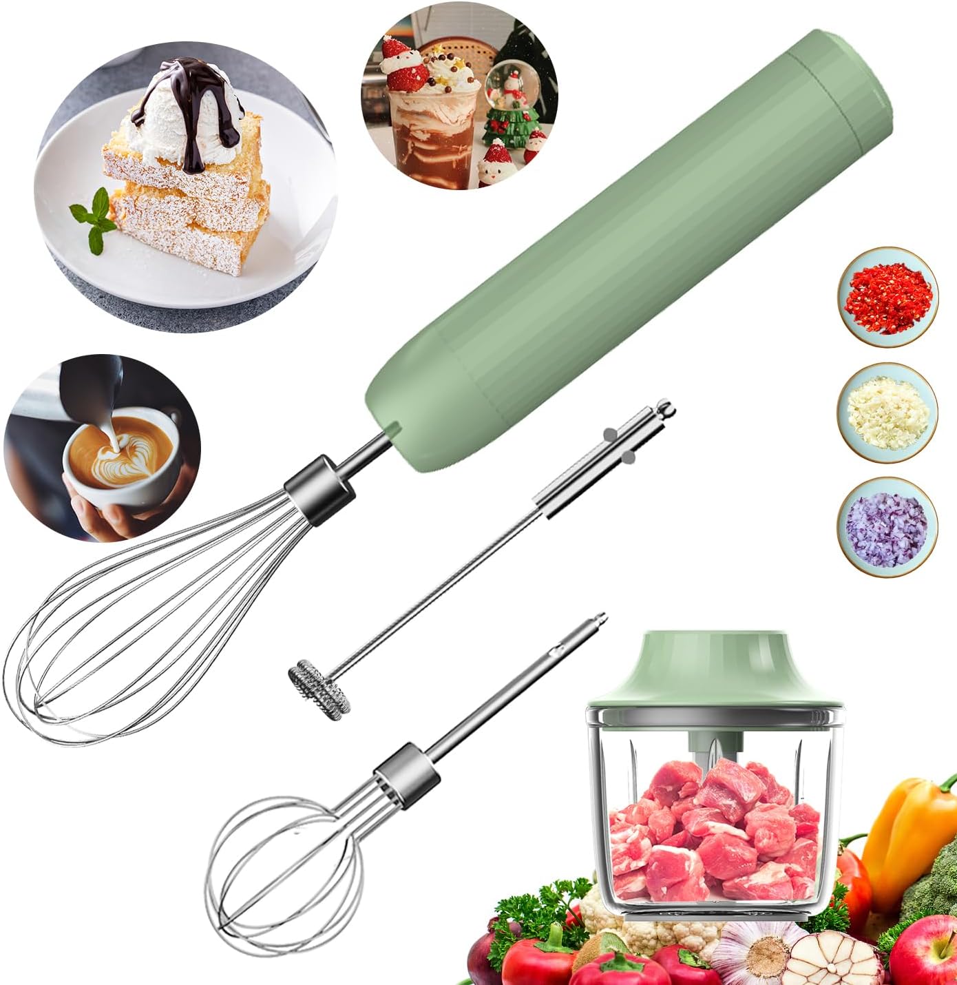 Cordless Hand Mixer MixgoII, Handheld Mixer Electric Whisk & Milk Frother, Hand Held Mini Mixers, Rechargeable Hand Mixer and Whisker, Food Processor for Cooking, Food Chopper, 4-Speed, 10Oz
