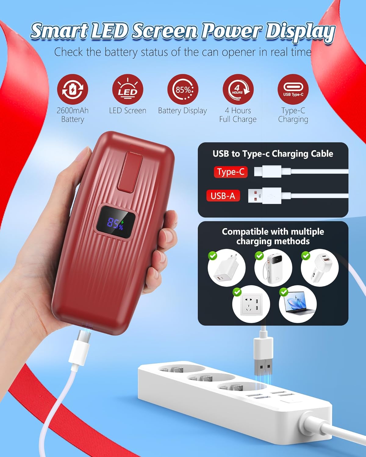 HuiJuKeJi LED Automatic Can Opener, Hands-Free One-Touch Operation Electric Can Opener, Auto-Stop Smooth Edge Safety & USB Rechargeable for Seniors Arthritis Effortless Opening Kitchen Gadget Gift