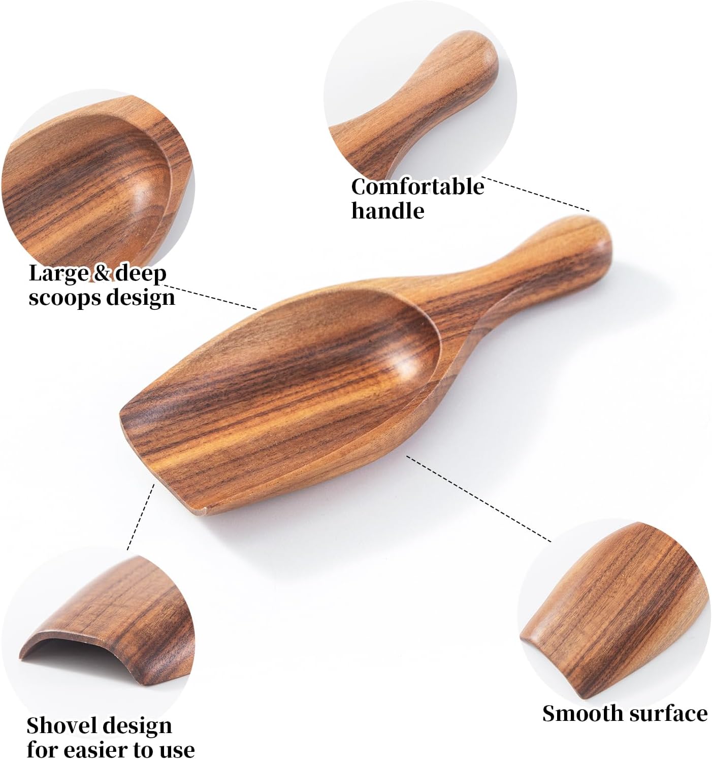 Large Wooden Scoop 1PCS - 6.3Inches Wood Scoop for Coffee Bean Sugar Tea Powder Bath Salt Laundry Detergent, Multipurpose Kitchen Flour Scoop for Big Jars Canisters