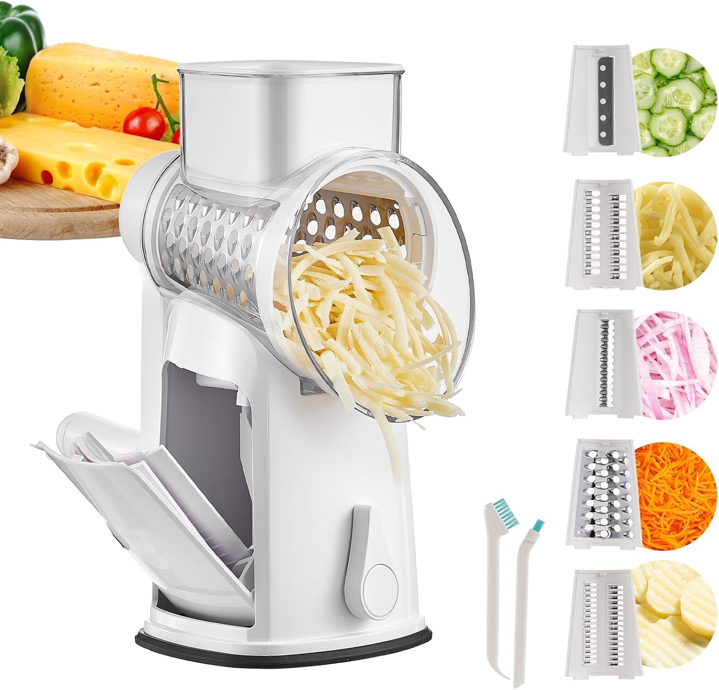 Rotary Cheese Grater Hand Crank, 5 in 1 Mandoline Vegetable Slicer - 5 Sets of Blades,Strong Suction Base&Easy to Clean - Kitchen Cheese Grater Shredder with Handle for Fruit,Vegetable,Nuts