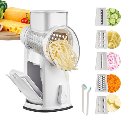 Rotary Cheese Grater Hand Crank, 5 in 1 Mandoline Vegetable Slicer - 5 Sets of Blades,Strong Suction Base&Easy to Clean - Kitchen Cheese Grater Shredder with Handle for Fruit,Vegetable,Nuts