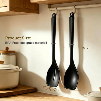 2 Pack Silicone Cooking Spoon Spatulas, Non Stick Large Rubber Spoon Set for Mixing, Serving, Draining, Scraping, 13Inch Heat Resistant Kitchen Utensils, Green+Grey
