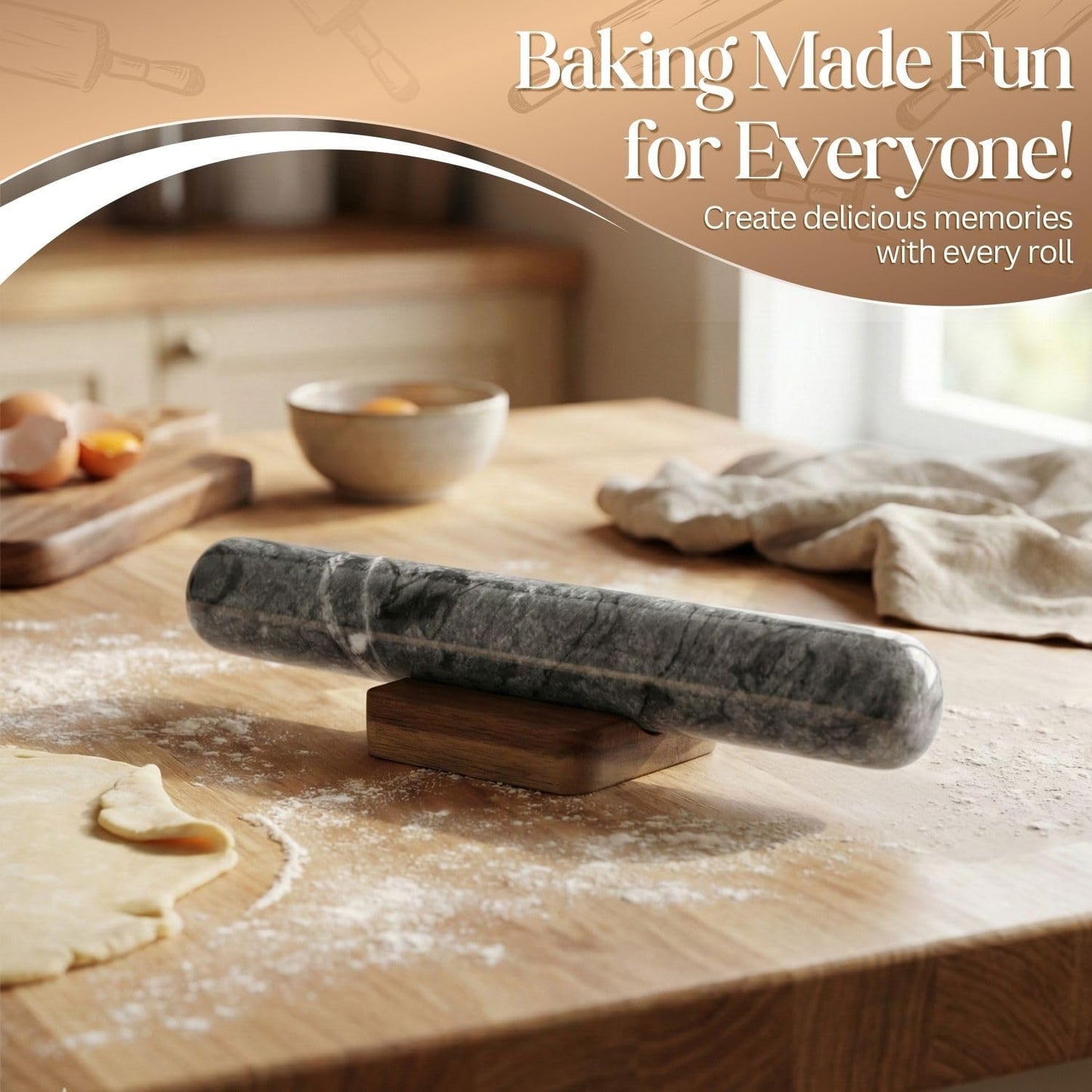 Flexzion French Rolling Pin, 12 Inch White Marble Rolling Pins for Baking with Wooden Base Holder Stand - Non-Stick Baking Roller for Baking Fondant, Crust, Pastry, Cookies, Pizza, Pasta