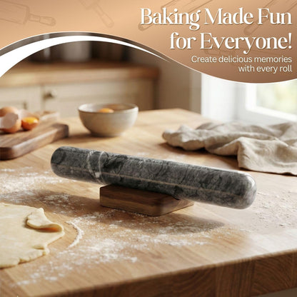 Flexzion French Rolling Pin, 12 Inch White Marble Rolling Pins for Baking with Wooden Base Holder Stand - Non-Stick Baking Roller for Baking Fondant, Crust, Pastry, Cookies, Pizza, Pasta