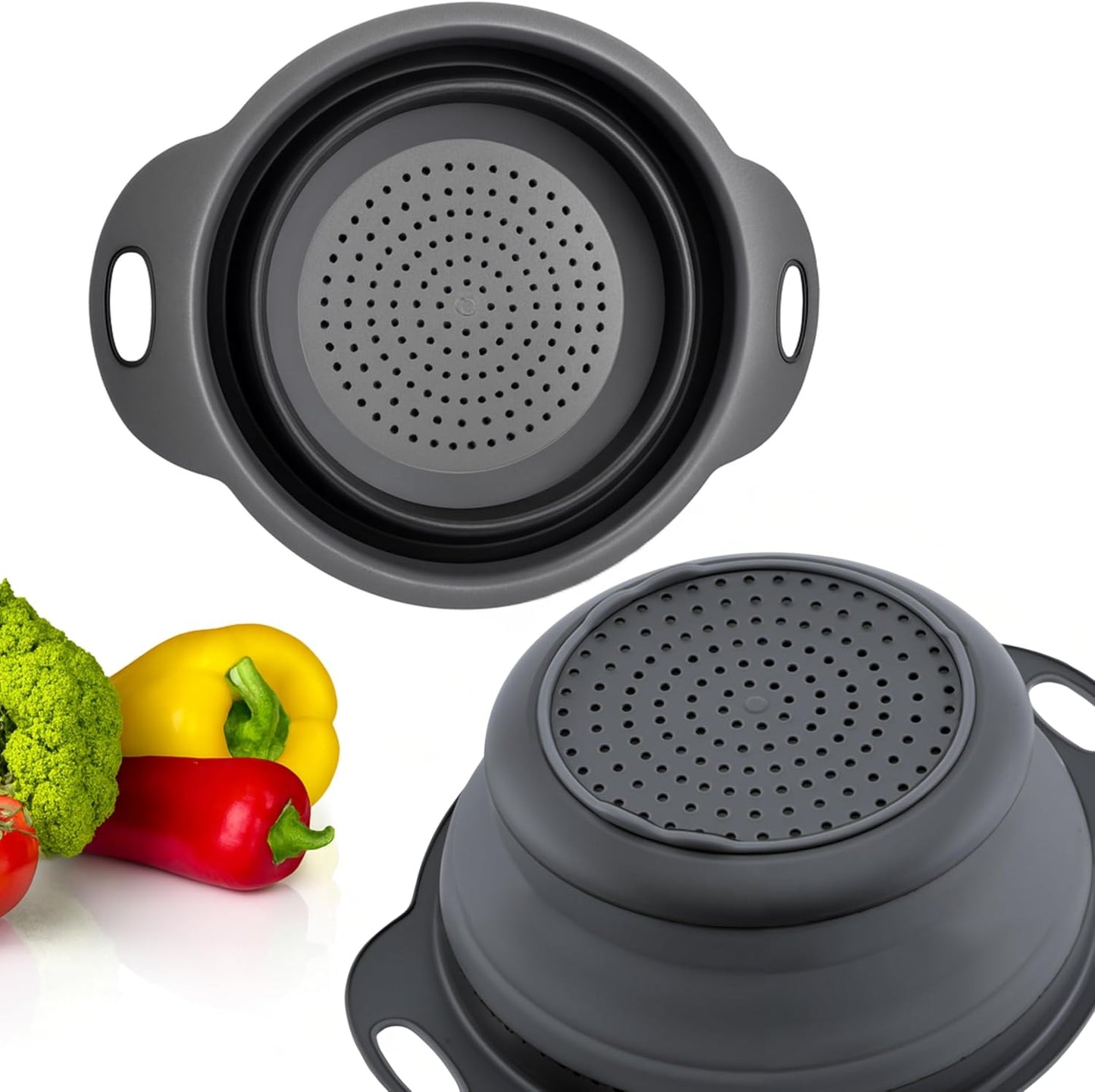 Green Kitchen Strainer Colander Set - 2 PCS Multifunctional Colander Silicone Food Strainers for Kitchen for Pasta and Spaghetti Collapsible with Plastic Handles